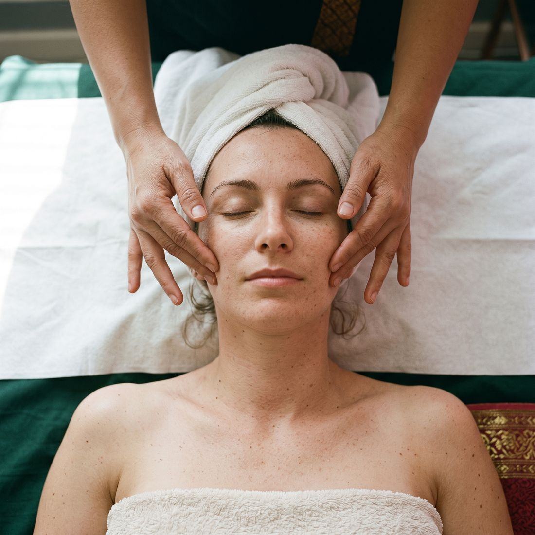 Fingertips gently massaging a client's cheekbones