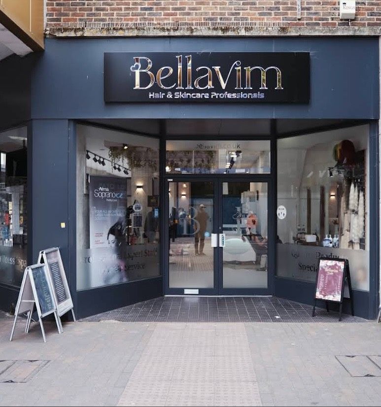 The Bellavim Hair & Skincare shopfront at 187 High Street, Orpington: a dark navy front with the Bellavim sign above glass doors