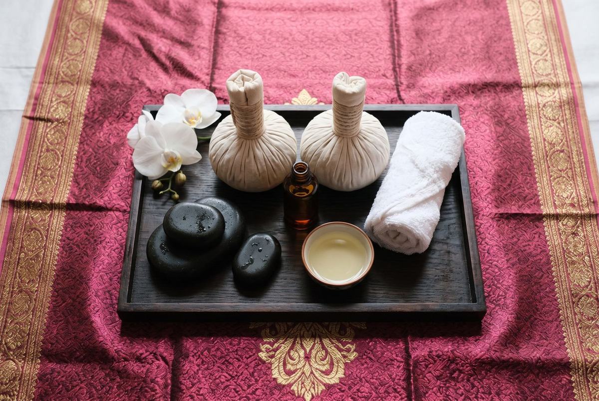 Thai herbal compresses, massage stones, warm oil, a rolled towel and orchids on a tray over red and gold Thai silk